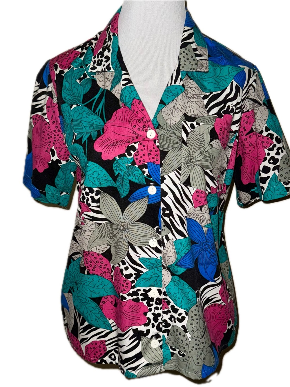 Vintage Early 90s Tropical Floral Print Button Up, Sz M (no tag, see meas)